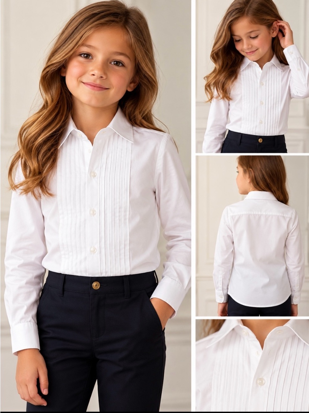 Polo Ralph Lauren Girls 8 White Pleated Tuxedo Shirt Slim Fit Preppy Classic